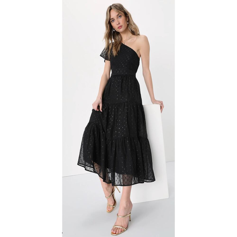 Lulus Shining Sight Black Metallic Dotted One Shoulder Midi Dress Womens XS New
